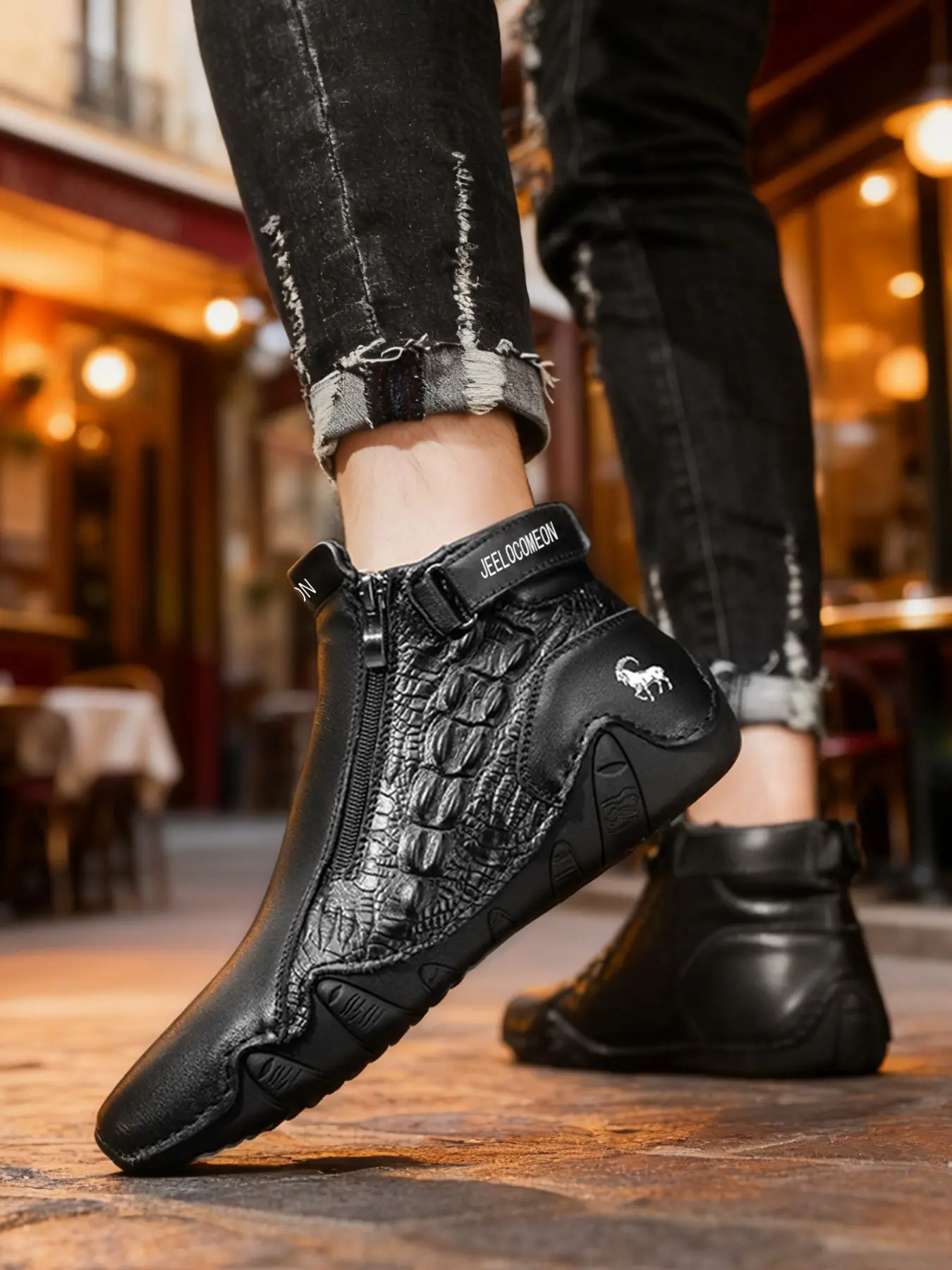 Men's Utility Boots Ankle, Casual Athletic Outdoor Style, Breathable Lightweight Non-Slip, Side Zipper Alligator Pattern, Plus Size, Travel Walking Shoes