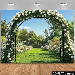2D Flat Banner Polyester Photography Backdrop, HD Digitally Printed Rose Arch Garden Pattern Background Cloth, Soft Lightweight Foldable Machine Washable Photo Background for Wedding, Party, Birthday, Video Studio, Product Photogr