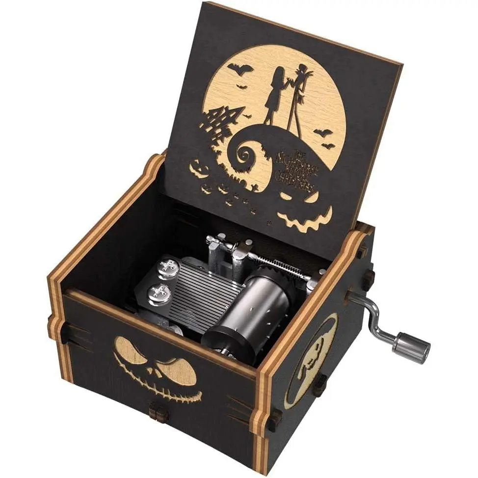 Before Christmas Music Box, Engraved Mini Wood Music Box Gift, Melody This is Halloween, Home Decor for Halloween Valentines Christmas Boys and Girls