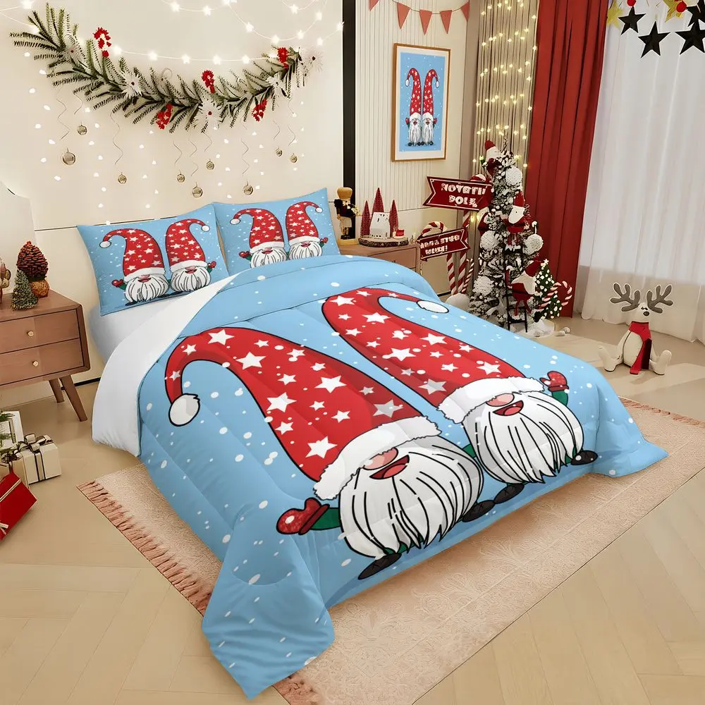 2/3Pcs Christmas Gnome Bedding Set, Holiday Comforter Set with Pillowcase, Festive Winter Snowfall Quilt Cover, Soft Lightweight Bedspread for Kids Bedroom Home Decor No Pillow Core