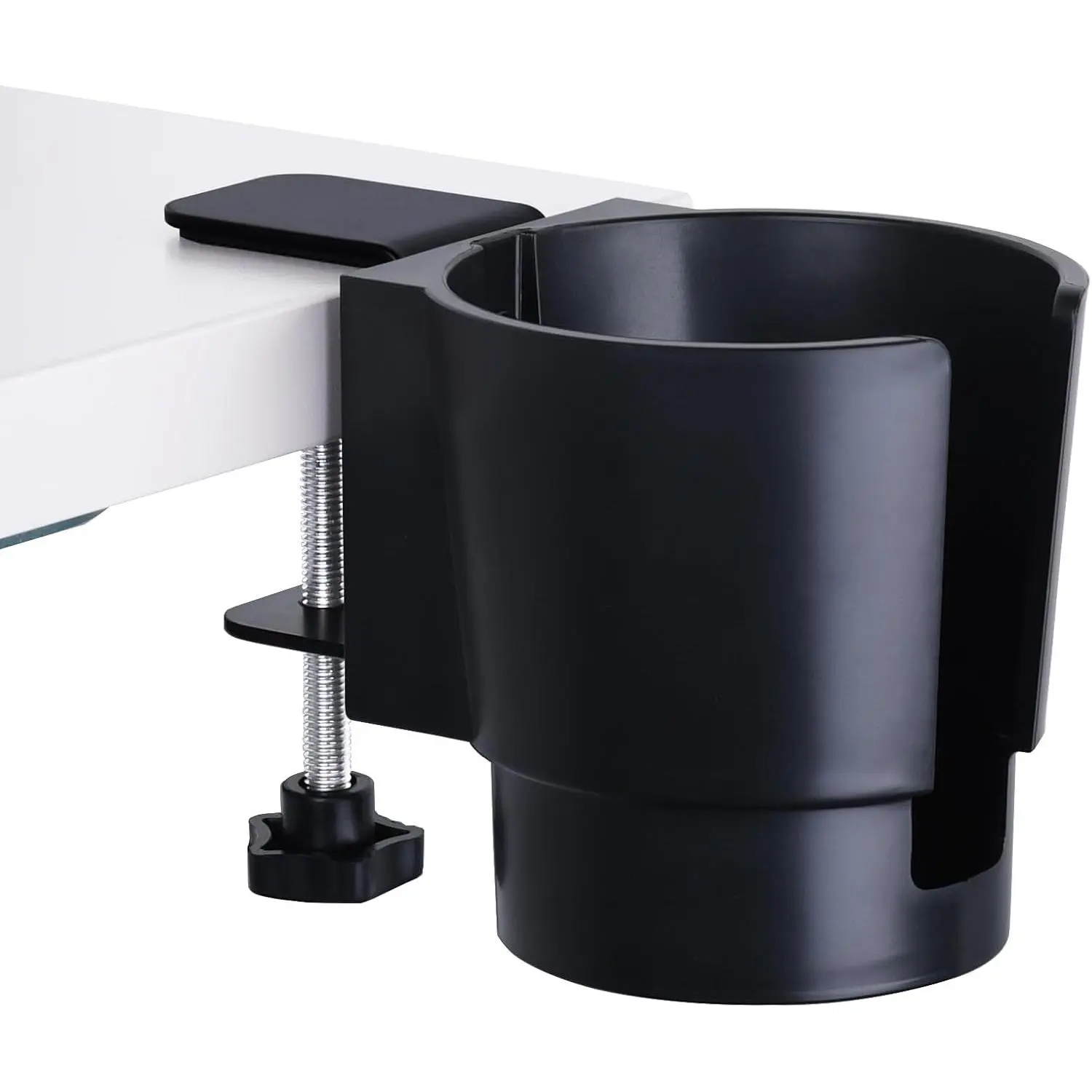 Large Desk Cup Holder Clamp , Heavy Duty Plastic Drink Holder for Table, Porch Swing, Patio Chair, Clip  Anti-Spill Bottle Holder for  Cups, Bottles, Cans, Tumbles, Black, Pack of 1