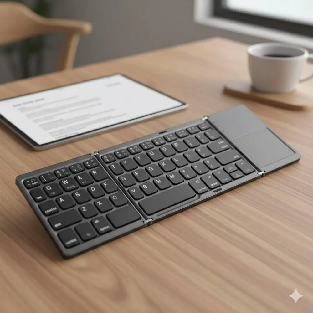 Ultra Slim 3-Fold Bluetooth Keyboard with Touchpad, Rechargeable Wireless Keyboard Compatible with Smartphone Tablet Laptop iPad Mac Windows, Silent Keys for Office Gaming, Anti-Slip Silicone Case & Portable Carry Bag Included