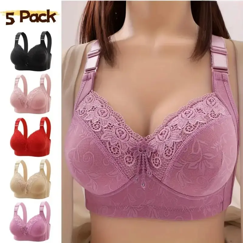 Women's Comfortable Push Up Bras, 3/5 Pieces Feminine Knit Fabric Bralette Set, Elegant Wireless Lingerie with Light Padding and Lace Trim, Solid