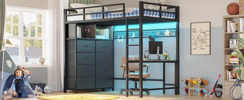 Sikaic Twin Size LED Loft Bed Frame with Desk and 8 Drawers Grey Safety Guardrail Effective Space Saving