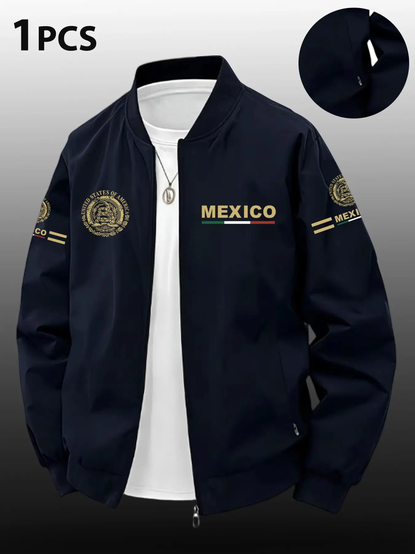Men's Mexico Emblem Print Stand Collar Baseball Jacket Long Sleeve, Lightweight Windproof Outerwear, Fashionable Casual Top for All Seasons, Menswear