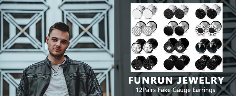 FUNRUN 12 Pairs 18 G Fake Gauge Earrings for Men Women Stainless Steel Stud Earrings Faux Gauges Earrings Fake Ear Plugs Gauges Tunnel JEWELRY