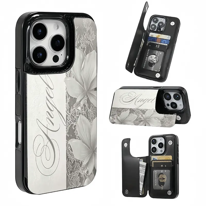 White Lace Floral "Angel" Lettering Card Holder Phone Case with Slot for iPhone 17/16/15/14/13/12, Stores Bank & Transit Items, Ideal Gift for Girls
