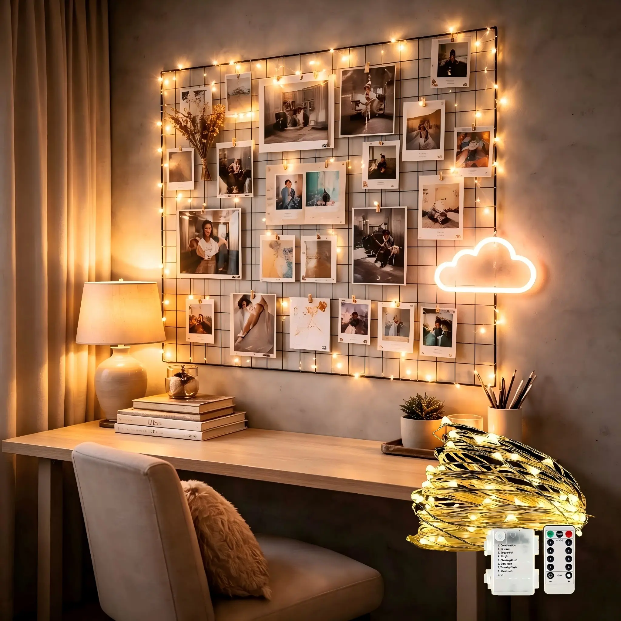 Cozy Bedroom Decor Lights with Remote, Battery Operated Warm White String Lights for Photo Wall, Dorm Room & Room Decor, Wireless Lights