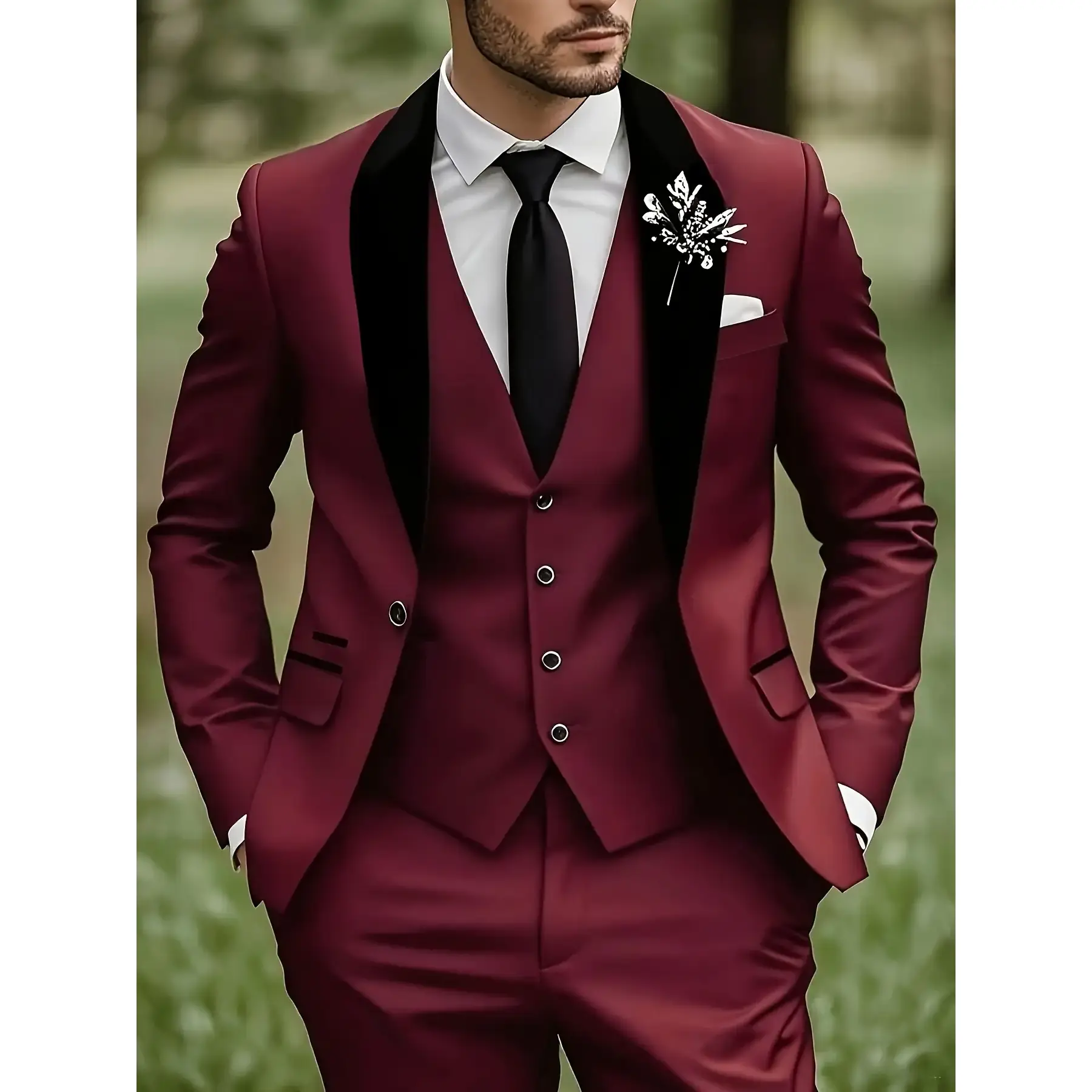 Men's Formal 3-Piece Classical Shawl Lapel Suit Set - Long Sleeve Blazer, Vest, Trousers - Elegant Groom Wear, Plain Design, Dry Clean Only