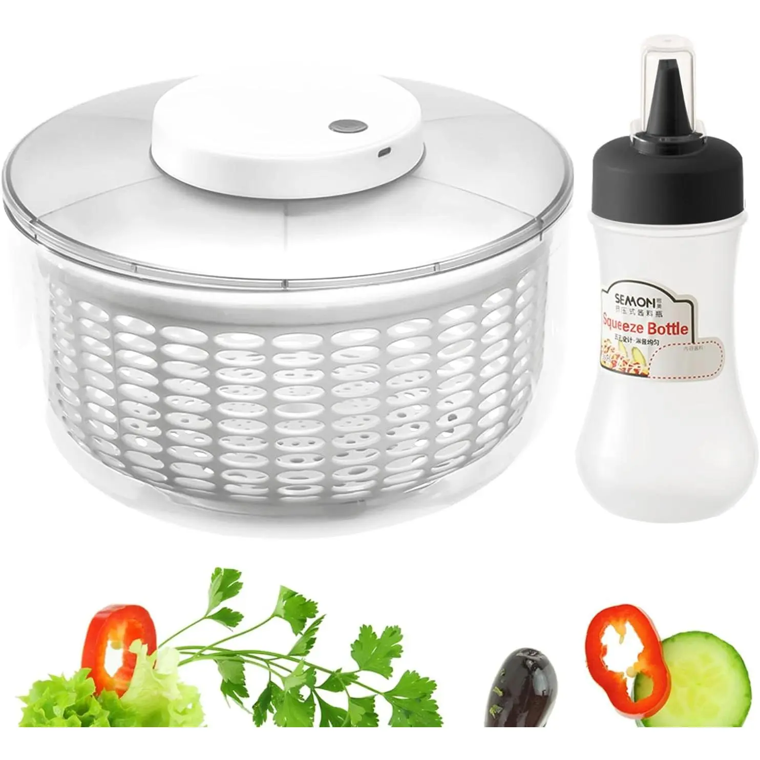 Electric Salad Spinner, 6L Vegetable Washer Dryer with 350ml Squeeze Bottle | Large Capacity Automatic Vegetable Washer Drainer Strainer for Fruit Drying, USB Lettuce Spinner Cleaner for Home Kitchen