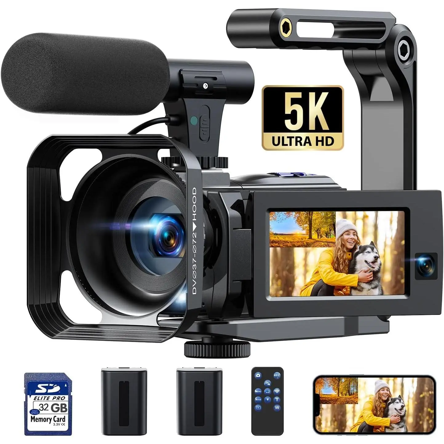 5K Video Camera Camcorder, 56MP  Lens Vlogging Camera for YouTube, Cam Corder with 3" 270° Flip  Screen,16X Zoom, Night Vision, WiFi, Remote, 32GB SD Card, 2 , Tripod, Webcam