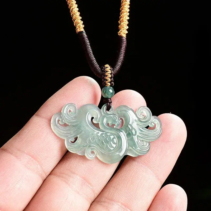 Natural Jadeite Pendant Necklace for Women, Hand-Carved Auspicious Phoenix Talisman (23*43*3 mm) on a 620 mm / 24.41 inches Beaded Chain
