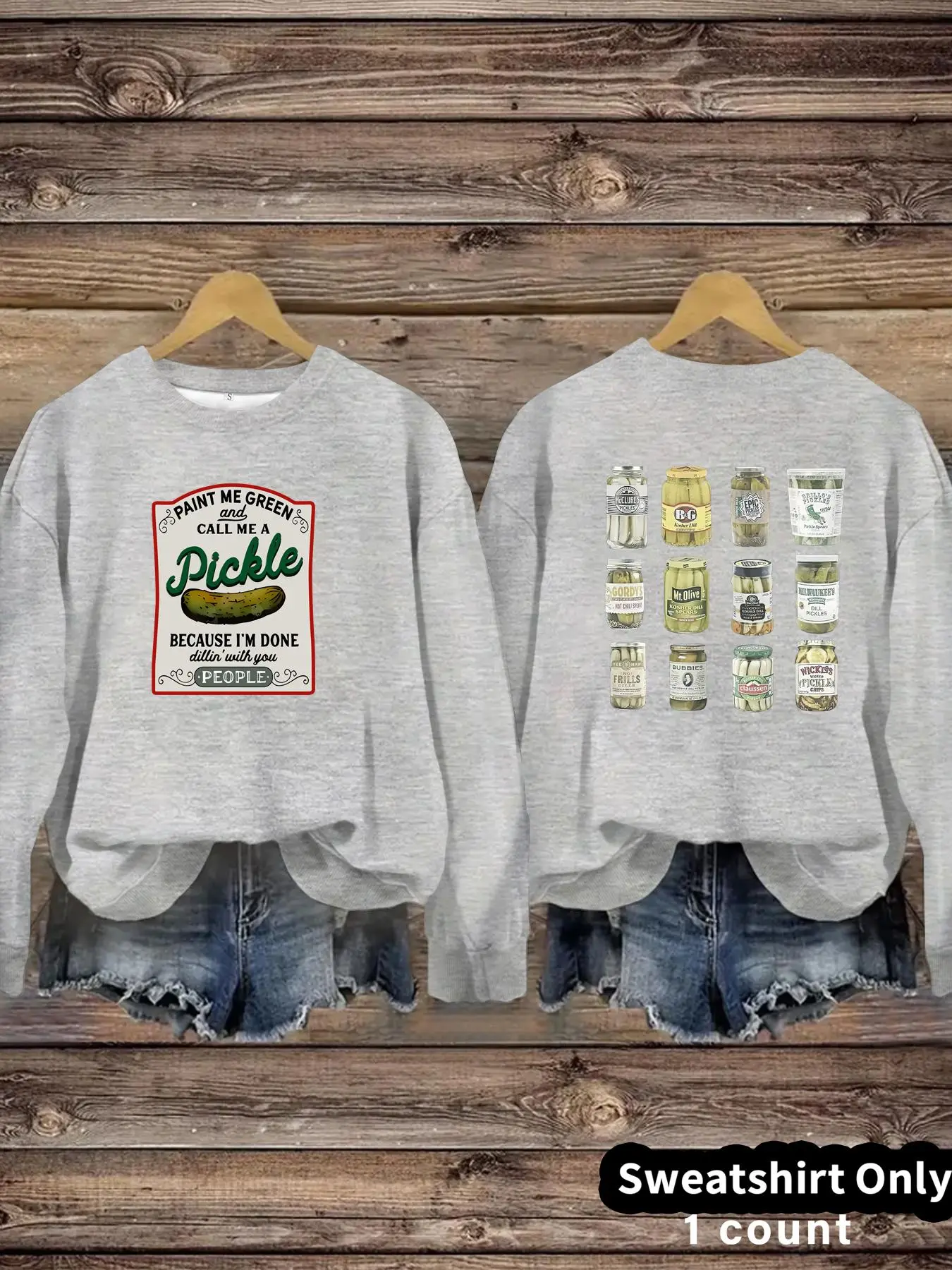 Women's Pickle Jar Print Drop Shoulder Baggy Sweatshirt, Casual Long Sleeve Round Neck Pullover for Fall & Winter, Ladies Clothes for Daily Wear