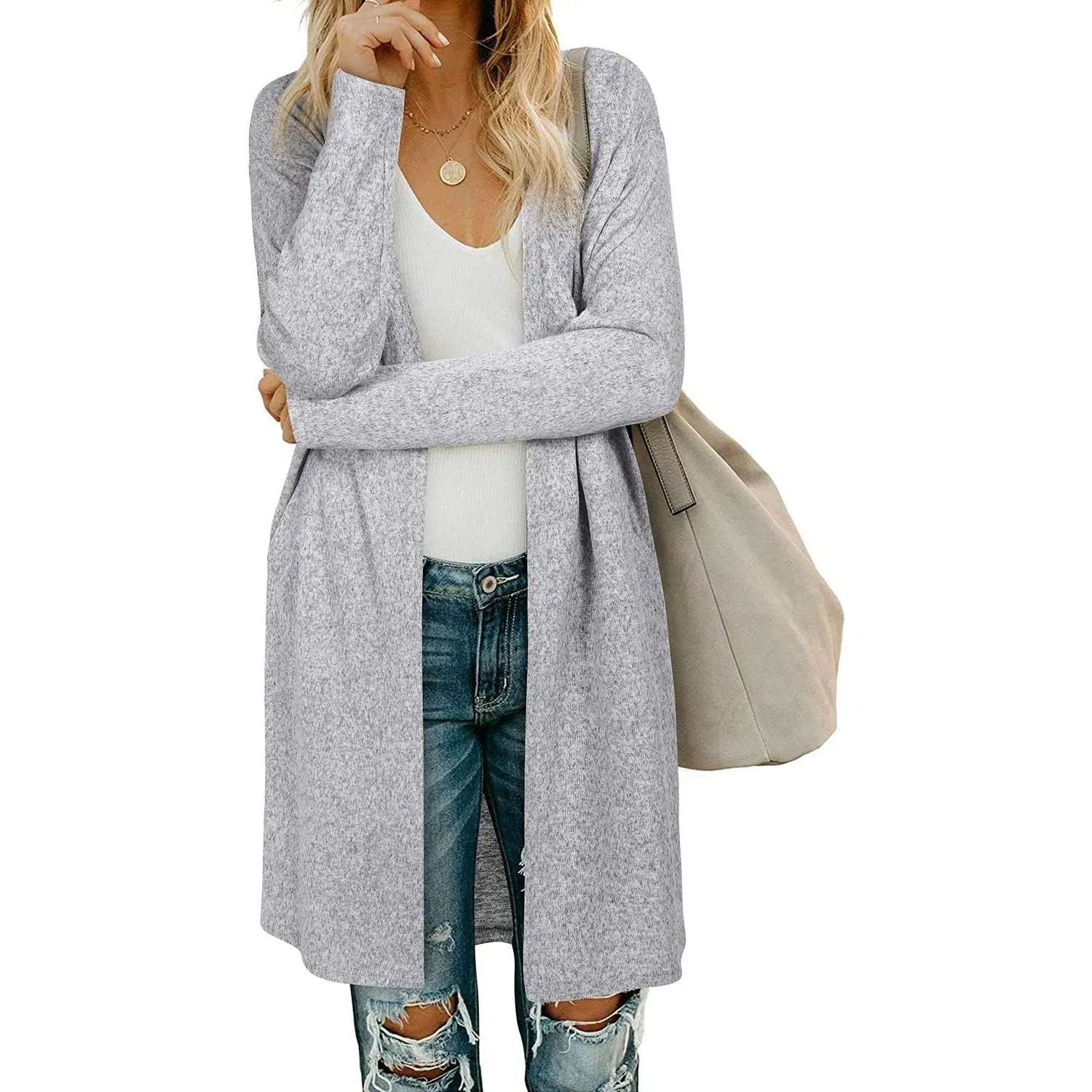 Women's Open Front Cardigan Shirt with Pockets Long Sleeve Lightweight Coat