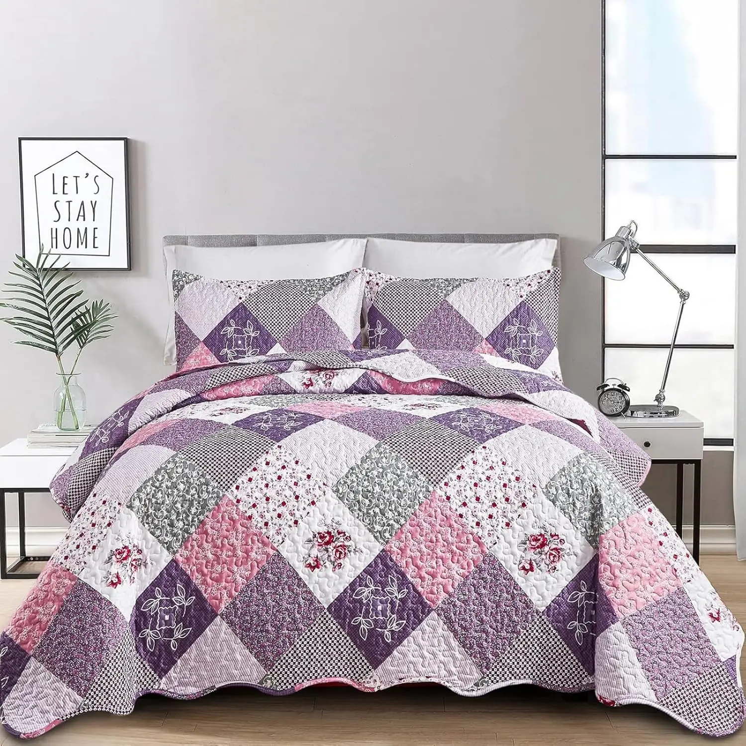 Purple Set Queen Size, Reversible Floral Patchwork Pattern Bedding Set Soft Microfiber Lightweight Bedspread Coverlet 3 Piece Summer Use (90x90 inches)