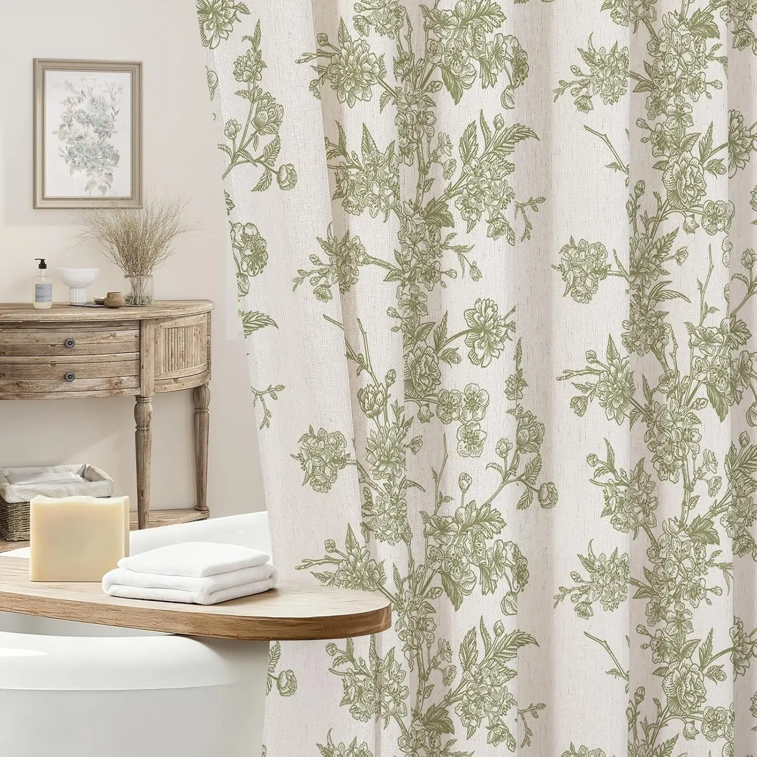 Sage Linen Farmhouse Shower Curtain, Vintage Boho Floral 72x72 French cottage rustic bath styling, poly-linen blend, soft breathable weave, reinforced grommets, washable non-fading print