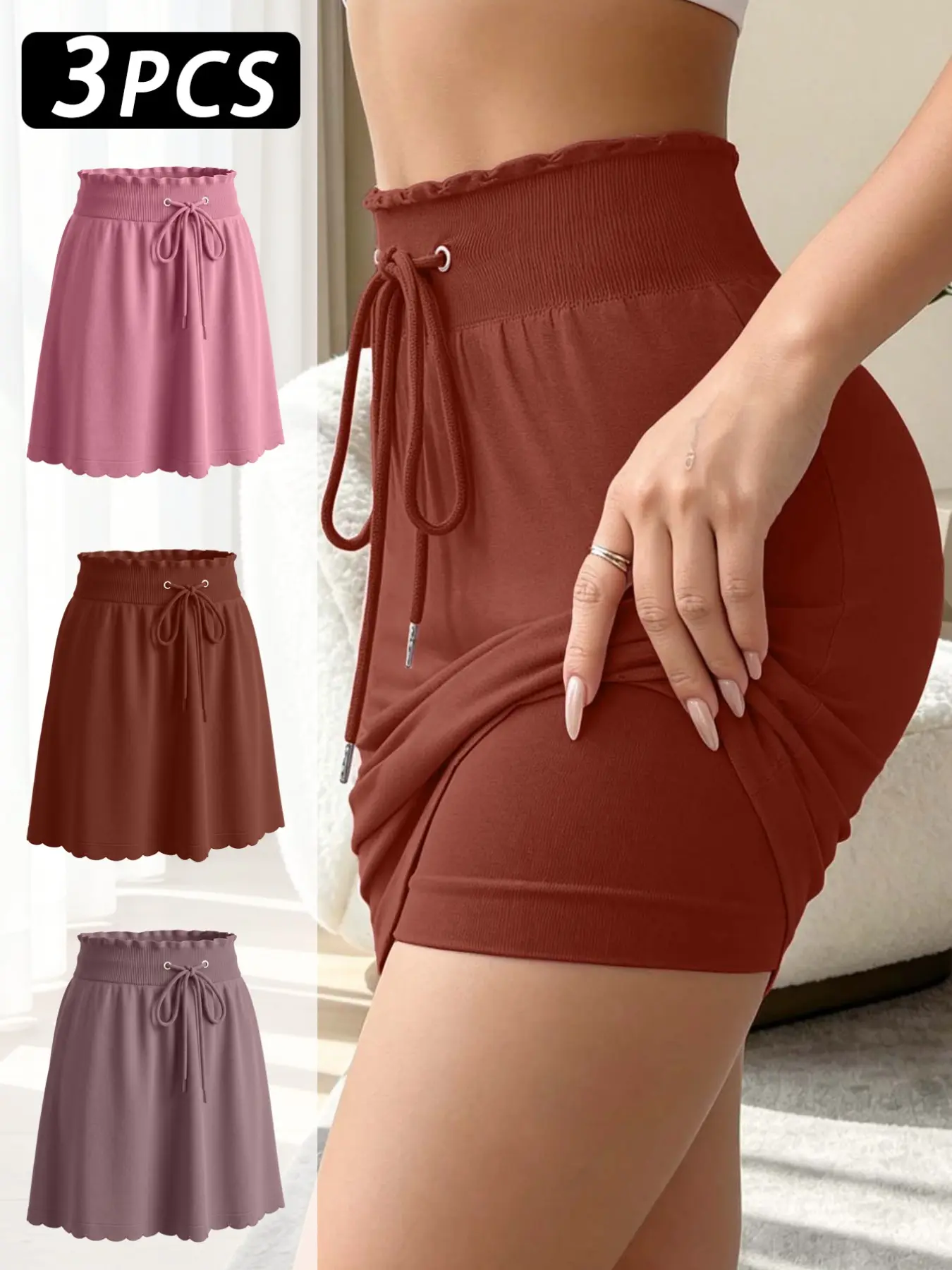3PCS Multi Color High Waist Mini Skirt, Adjustable Drawstring Ruffle Hem, Invisible Anti Chafing Liner Shorts, Versatile Office Loungewear Casual Skirts