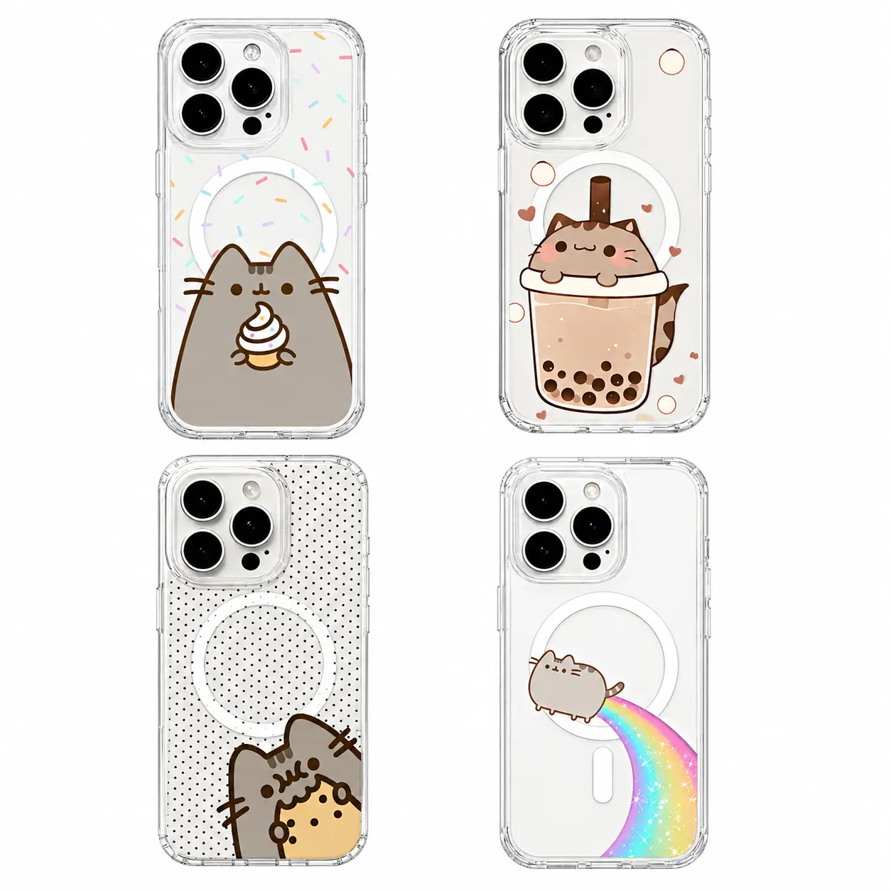 Cute Pusheen Cartoon Cat MagSafe   Anti-Slip iPhone , Kawaii Bubble Tea Ice Cream Rainbow Polka Dot Transparent Protective  Cover Fit iPhone X-17ProMax Magnetic Shockproof eye-catching style clear phone case