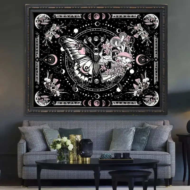 Witchy Celestial Tapestry with Skull, Butterfly & Mushroom Prints, Black & Pink Gothic Moon Phase Wall Hanging for Bedroom & Dorm Decor decorative large Boho Floral trippy flower pattern room tapestry Bohemian outdoor Wall Decor tapestry wall stapestry