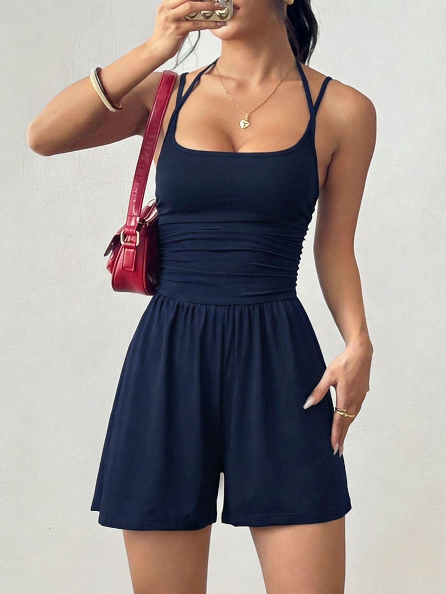 Women Halter Neck Romper Ruched Waist Summer Jumpsuit Sleeveless Backless Bodysuit Shorts Sporty Casual One Piece Outfits