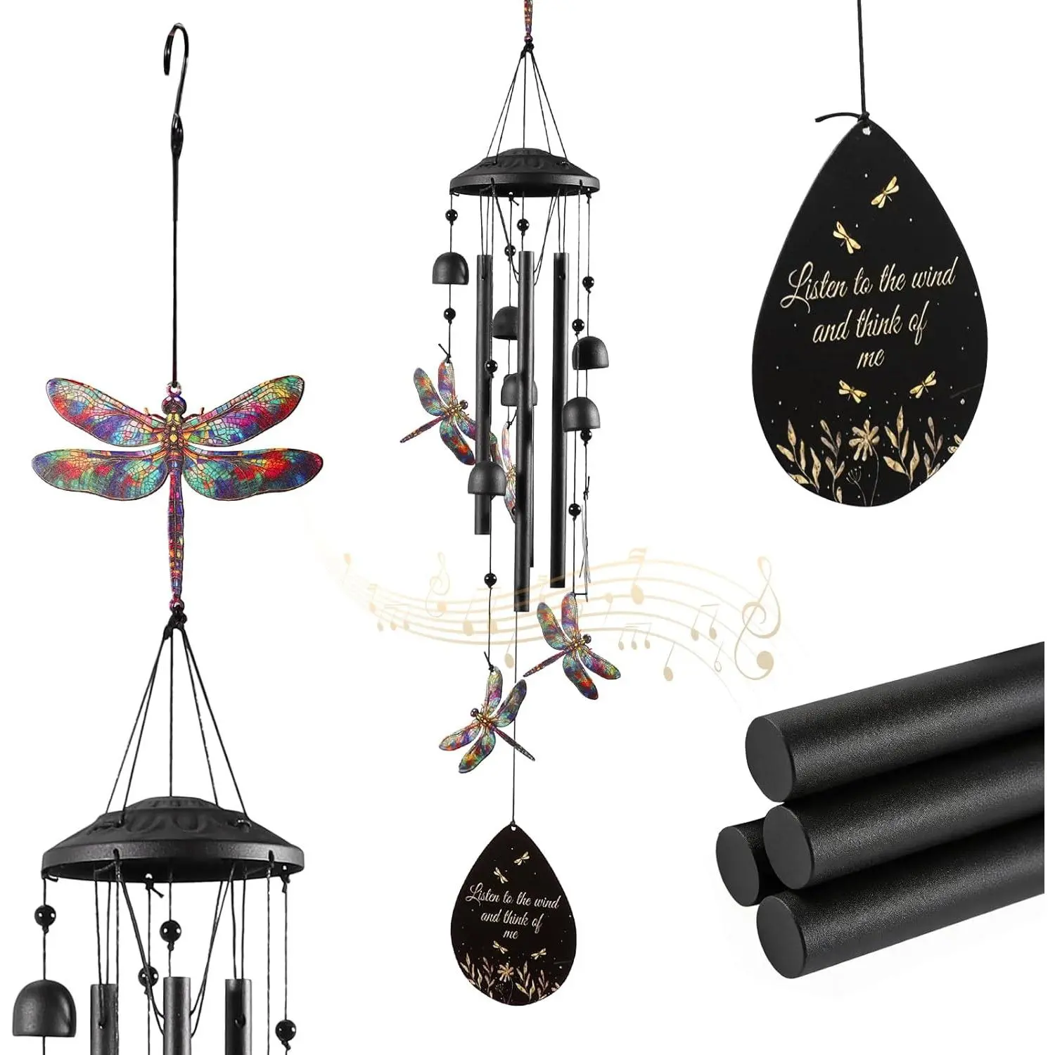 Alloy Metal Dragonfly Wind Chime, Black Outdoor Hanging Garden Decor, Unisex Gift for Mom Neighbor, Home Supplies for Patio Yard Decoration