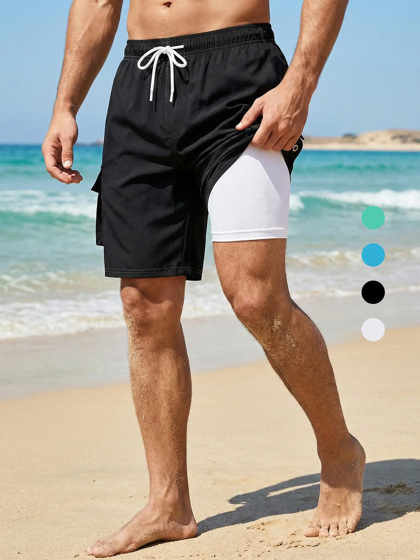 Men's Summer Casual 2-in-1 Beach Shorts with Side Pockets, Breathable Quick-Dry Board Shorts with Drawstring Elastic Waist, Beachwear, Quick Dry Trunks, Drawstring Swim Shorts, Swimwear Shorts, Summer Swim Bottoms