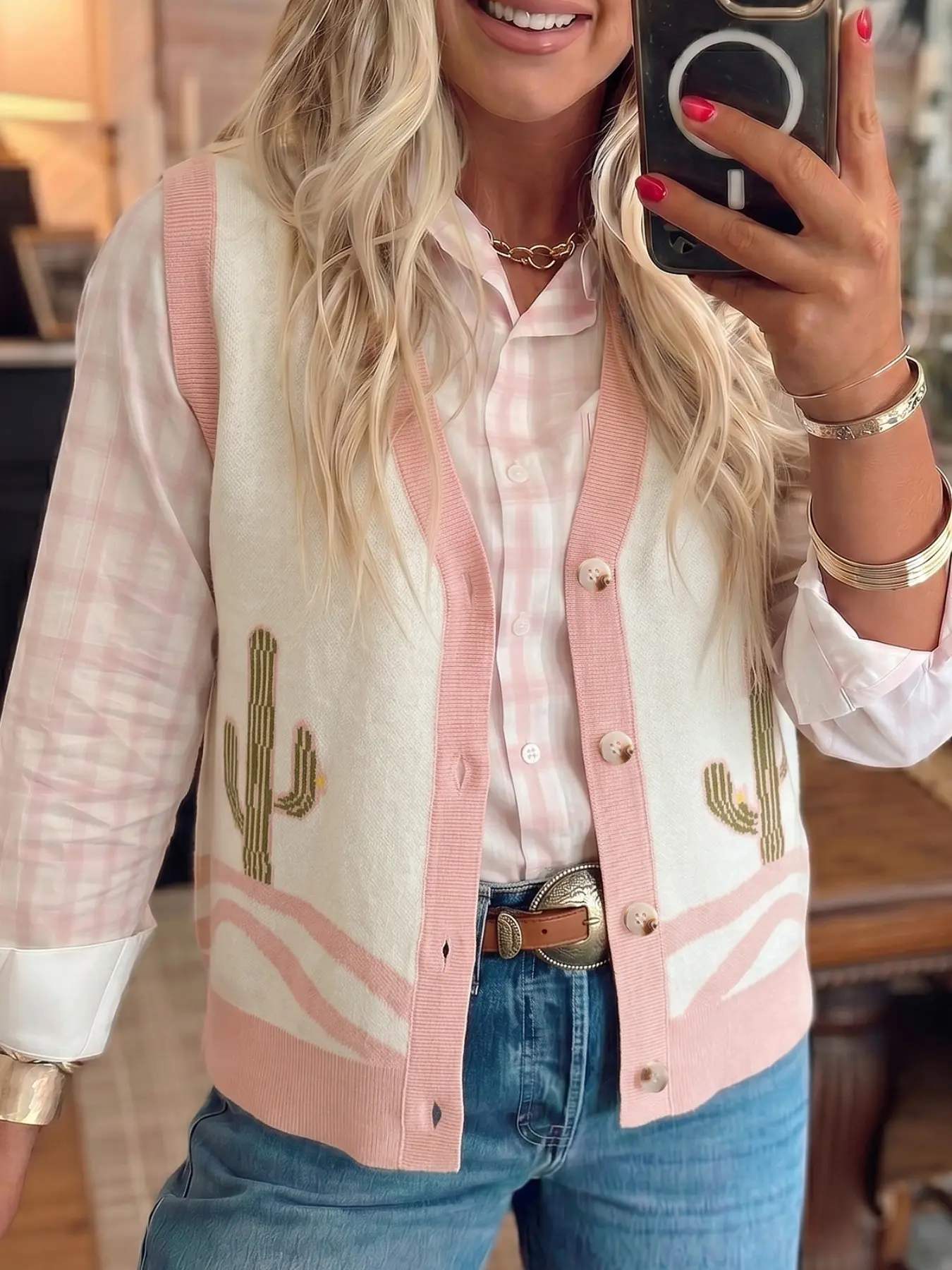 Spring Summer Casual Colorblock Trim Front Button Cactus Pattern Western Style Knit Vest, Trendy Outerwear for Men Women