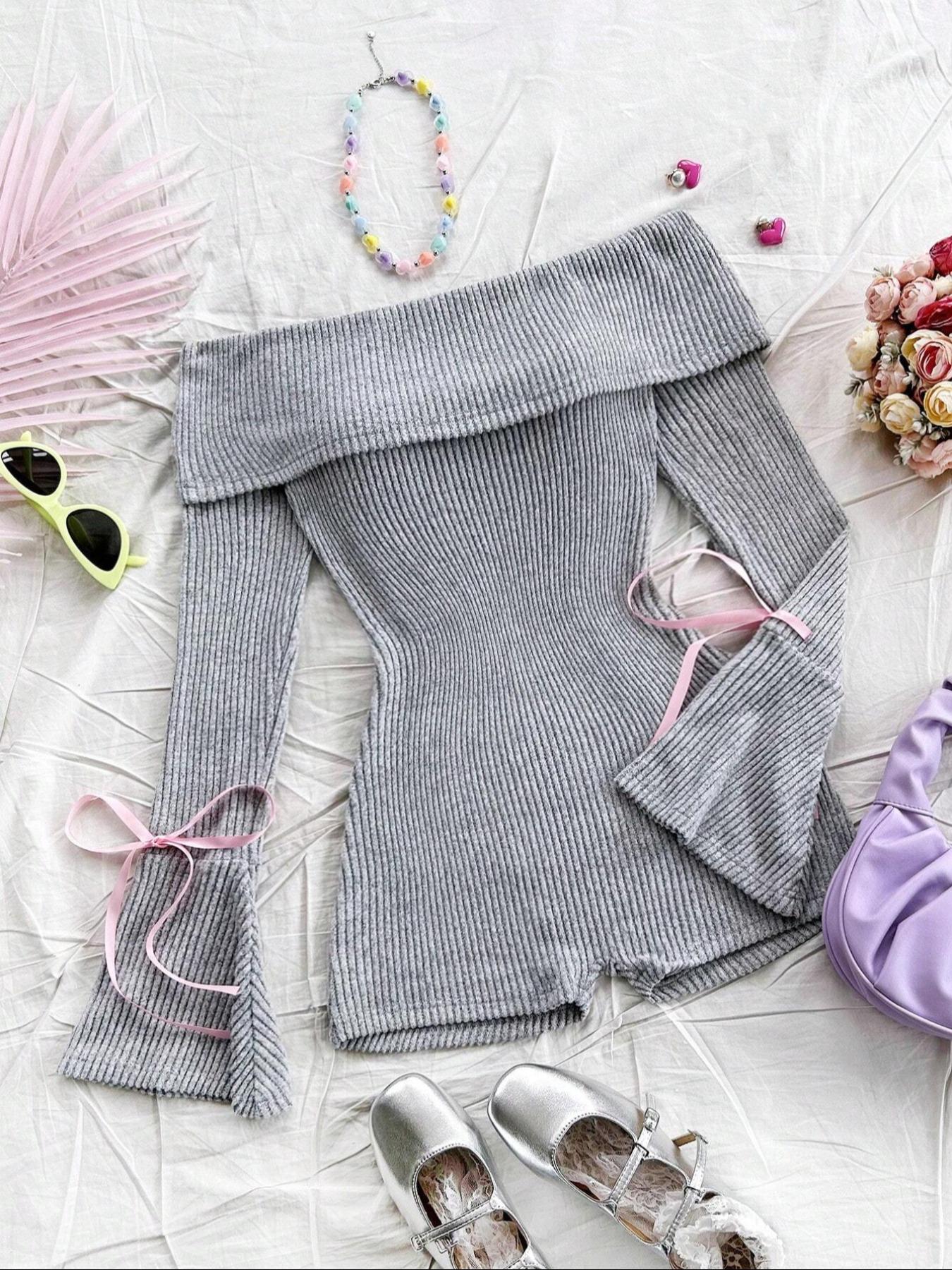 Women's Solid Ribbed Off Shoulder Flounce Sleeve Romper, Casual Fashion Cozy Romper for Daily Outdoor Wear, Women's Clothes for Spring & Fall, Casual Comfy Jumpsuit