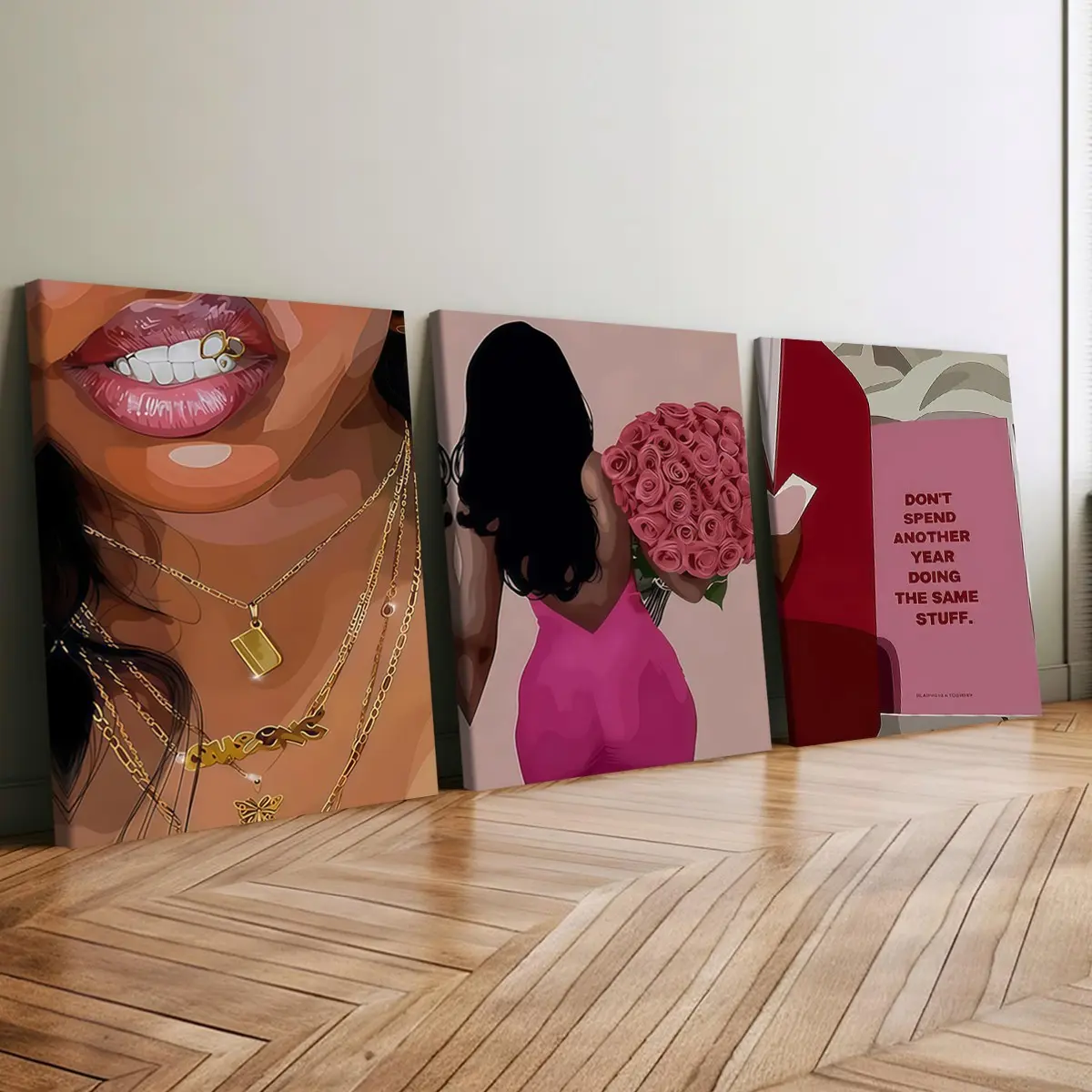 3-Pack Wood Frame Canvas Art, Rose Rhinestone Lip Woman Poster, Modern Home Decor, Waterproof Wall Art for Living Room, Bedroom, Office
