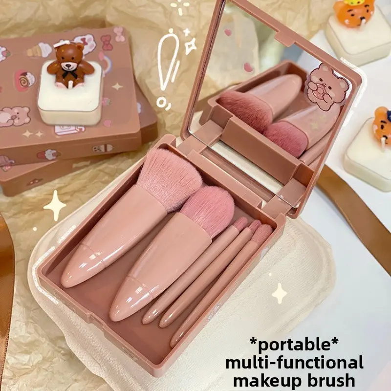 5-Piece Cosmetic Brush Set with Mirror Box, Portable Multi-Function Powder Brush, Blusher Brush, Beauty Tool for Makeup Application, Travel Makeup Brushes