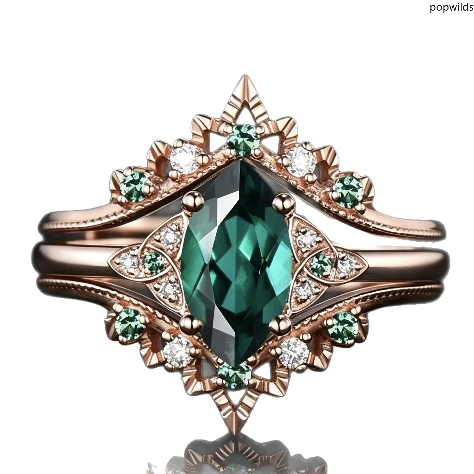Rose Gold 3Pcs Ring Set Inlaid Emerald Rhombus Zircon Stackable Rings For Women Elegant Fashion Finger Jewelry Daily Party Romantic Accessory Gift
