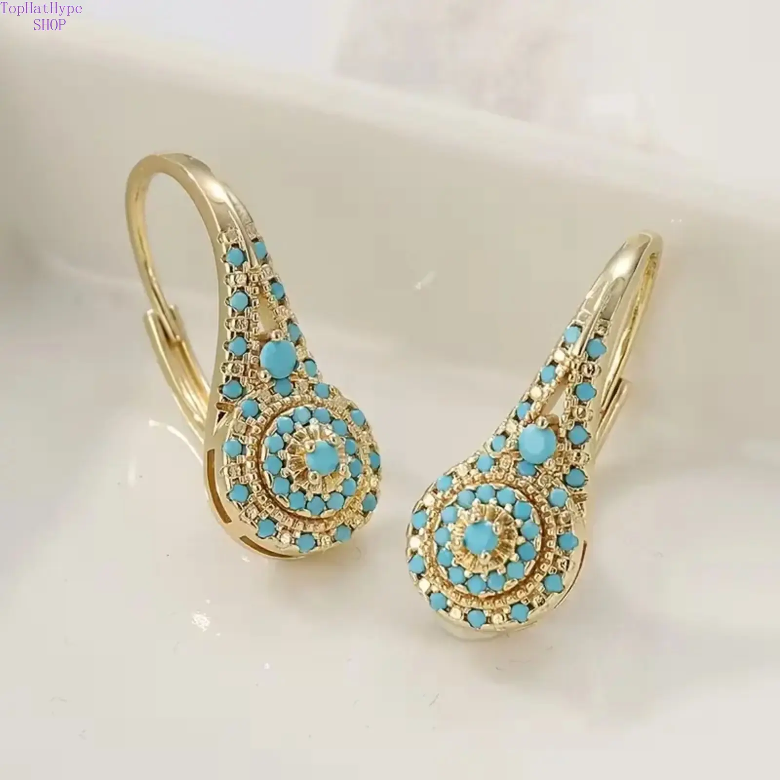 Women's Elegant Synthetic Turquoise Teardrop Dangle Earrings KC Golden Plated Statement Jewelry for Everyday & Formal Events Valentine's Gift Sophisticated Style Intricate Detailing