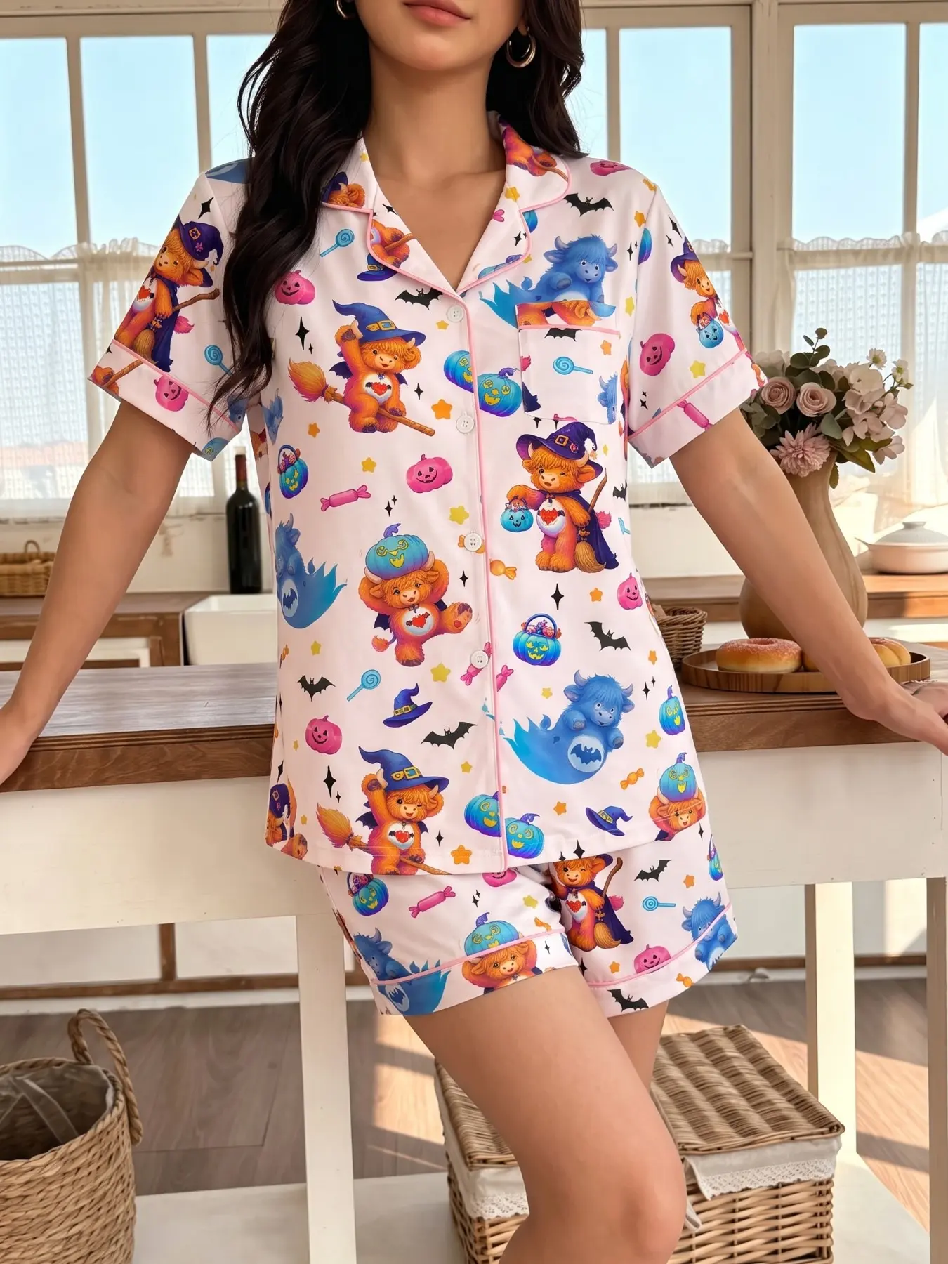Summer Women's Pajama Set, Short Sleeve Button-Up Top & Loose Shorts, Halloween Ghost Print, Nightwear & Casual Wear