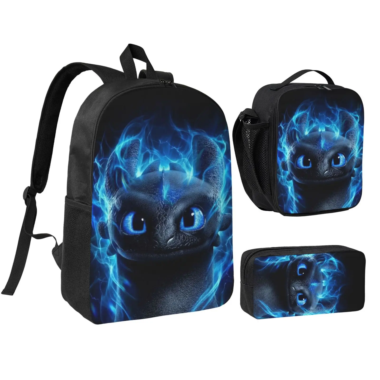 Cute Unisex Anime Printed Toothless Kids' Polyester School Bag Set - Adjustable Shoulder Straps Backpack with Lunch Box, Pencil Bag, Waterproof for School, Travel, Back To School Haul