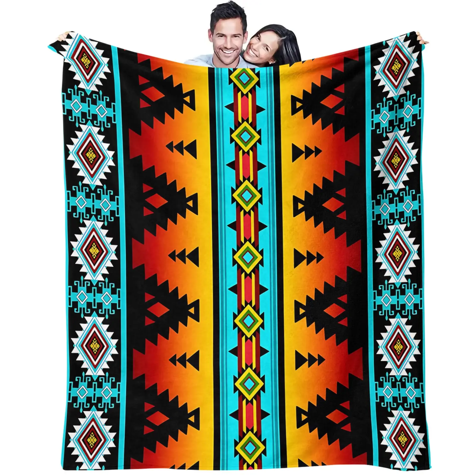 Vintage Western Navajo Symmetrical Print Flannel Blanket, Cozy warm blanket, machine washable, made of thick, soft, heat-locking and skin-friendly fabric, suitable for home decor, a versatile warm blanket for men to relax in the living