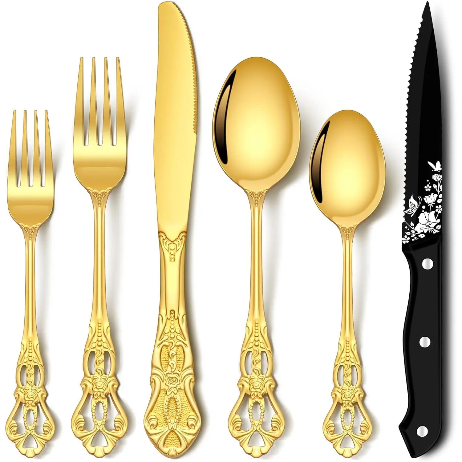48 count Gorgeous Retro Royal  Silverware Set with Steak , Stainless Steel  Utensils Cutlery for 8, Mirror Flatware Set Include Forks, Spoons and , Dishwasher Safe