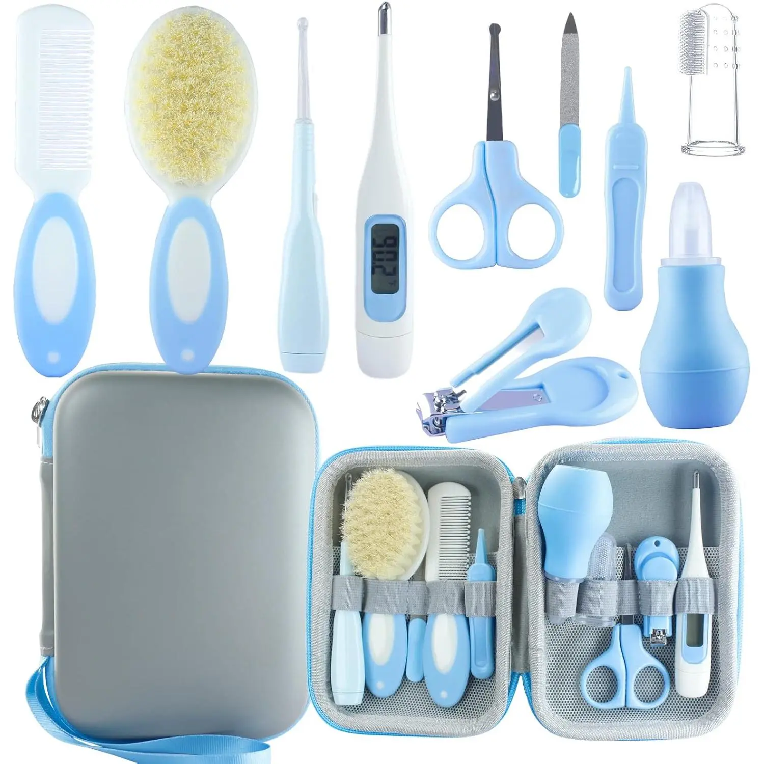 Baby Grooming Kit, Baby Essentials  Newborns, Portable Baby Care Kit, Contains Baby Nail Clippers, Baby Comb, Baby Brush, Baby Ear Wax Removal Tool and More (10 in 1) (Blue) New model