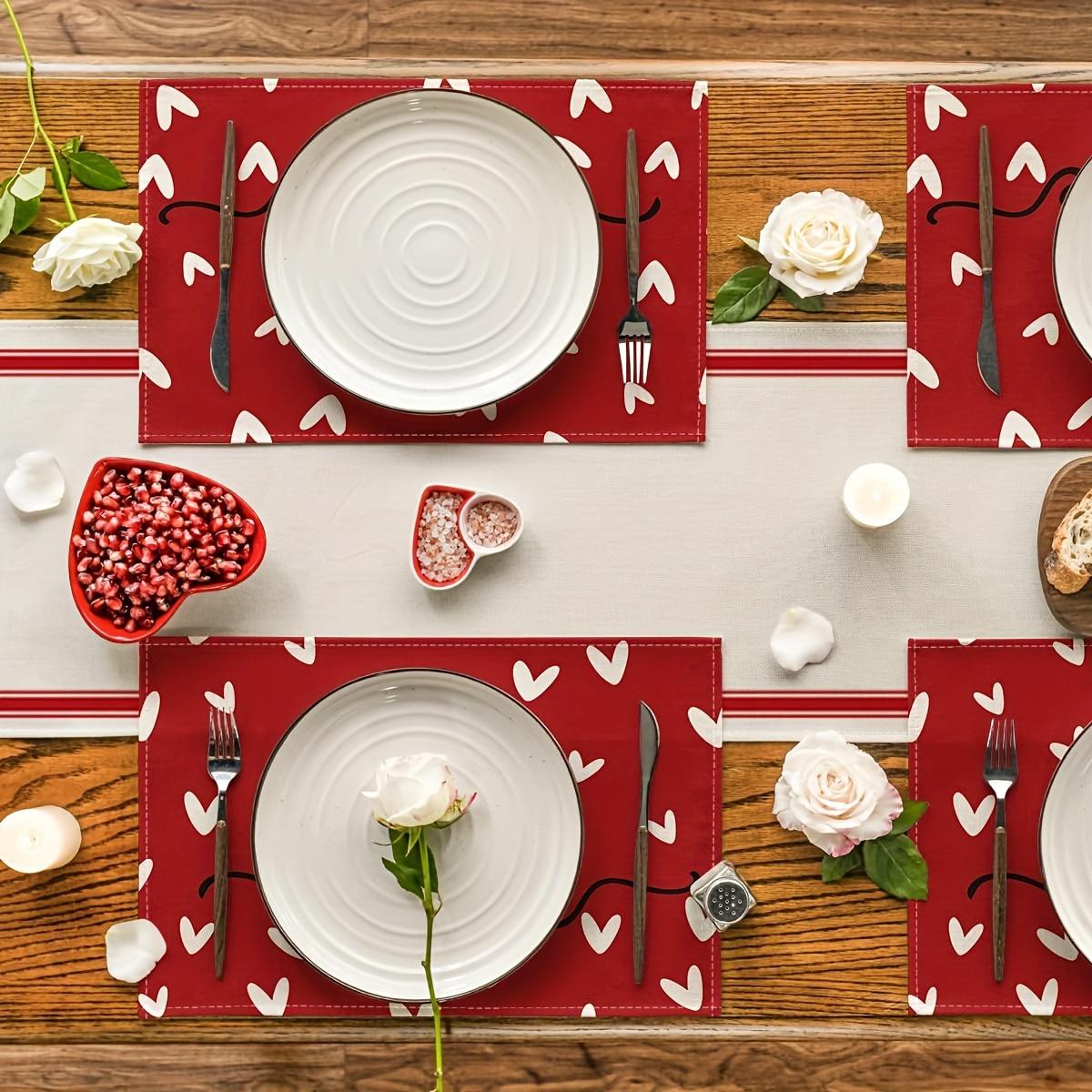 For Valentine's Day, Holiday Parties & Home Use, Table Protection & Decoration Solution, Red Heart Linen Placemats, Heat-resistant Non-slip Easy Clean, Effortlessly Create Romantic Holiday Dining Atmosphere, 4 Pack
