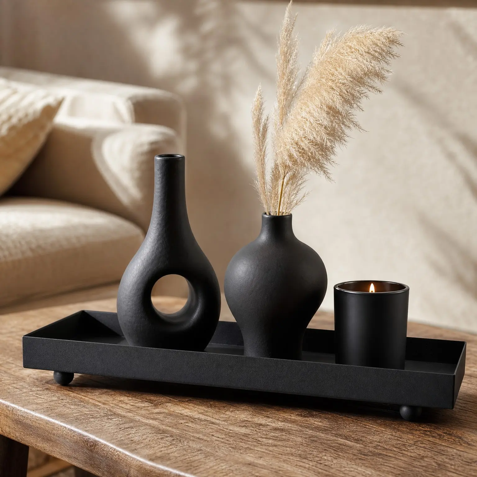 15.7"x5.9" Matte Black Rectangular Metal Tray – Candle & Jewelry Organizer | Rust-Resistant Powder-Coated Iron, Smooth Polished Edges, Elevated Ball Feet, Industrial Modern for Coffee Table & VanityGift