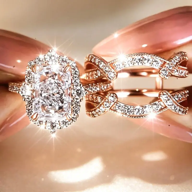 2PC Rose Golden Plated Radiant Cut  Bridal Ring Set Halo Engagement & Wedding Band Solitaire Stackable Rings