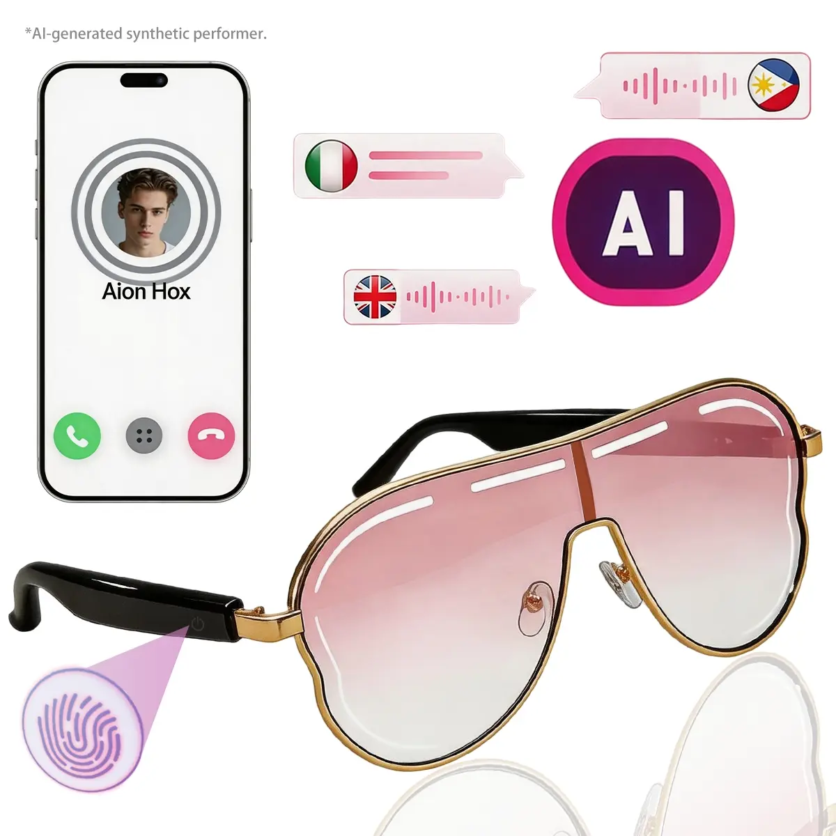 Oversized AI Smart Metal Frame Aviator Sunglasses, Pink Smart Glasses for Women with Real Time AI Translation, Wireless Bluetooth Audio Glasses with Magnetic Charging, Remote Camera Shutter, Perfect for Vacation Road Trip Casual Daily Wear
