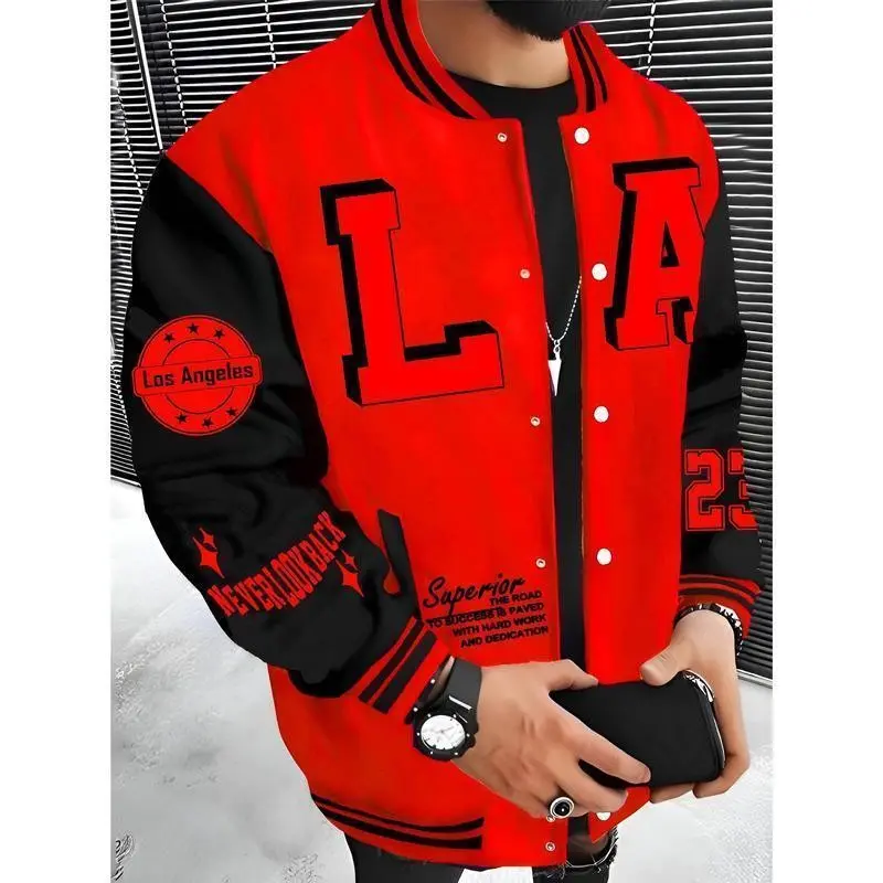Men's LA Baseball Jacket - Red & Black with White Lettering, "SUPERIOR QUALITY" Embroidery, Lightweight & Warm Polyester Varsity Coat with Pockets, Hip Hop Rock Style Casual Long Sleeve