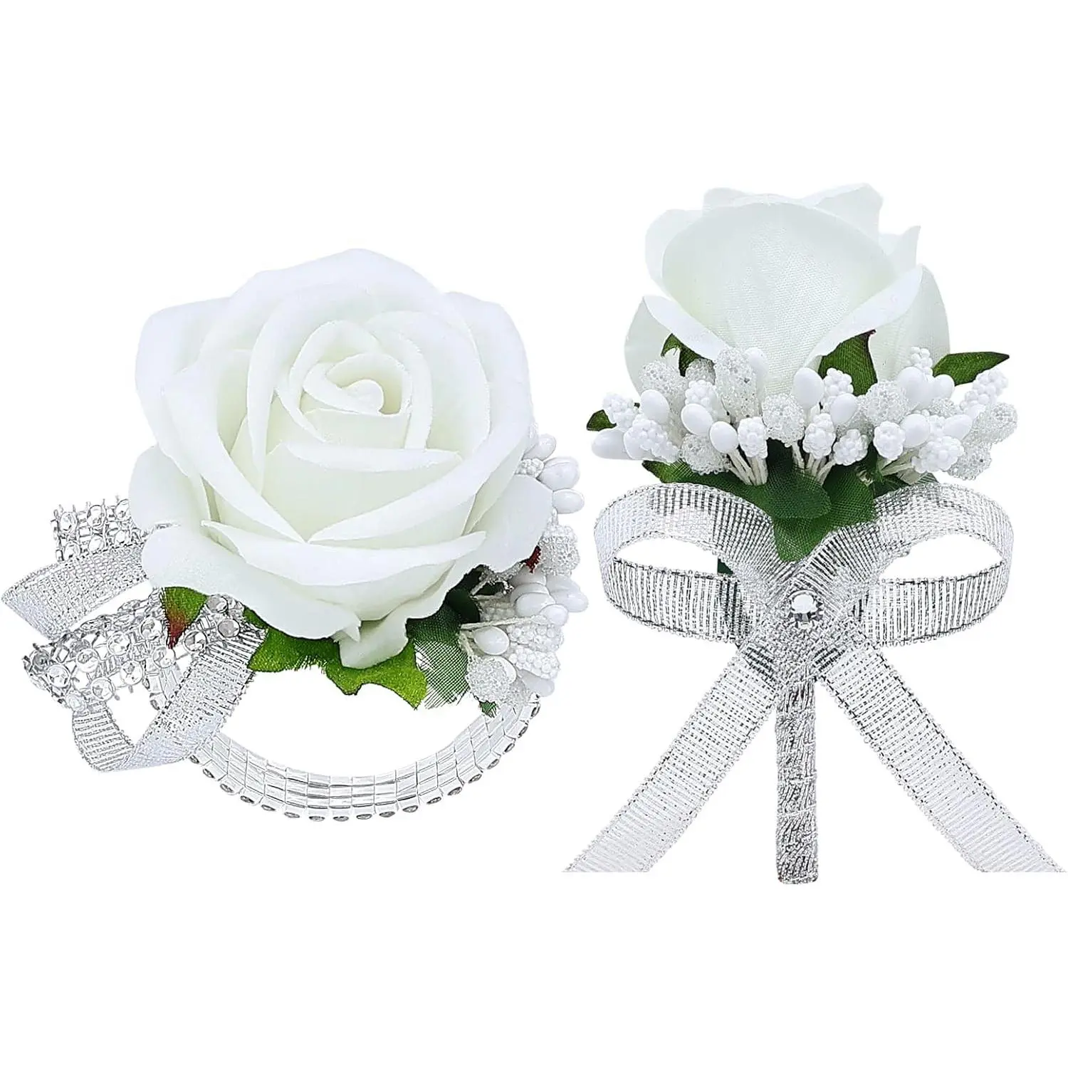2Pcs White Wrist Corsage and Men Boutonniere Set, Artificial Rose Corsage Wristlet and Boutonniere for Homecoming Wedding Prom Party Decorations