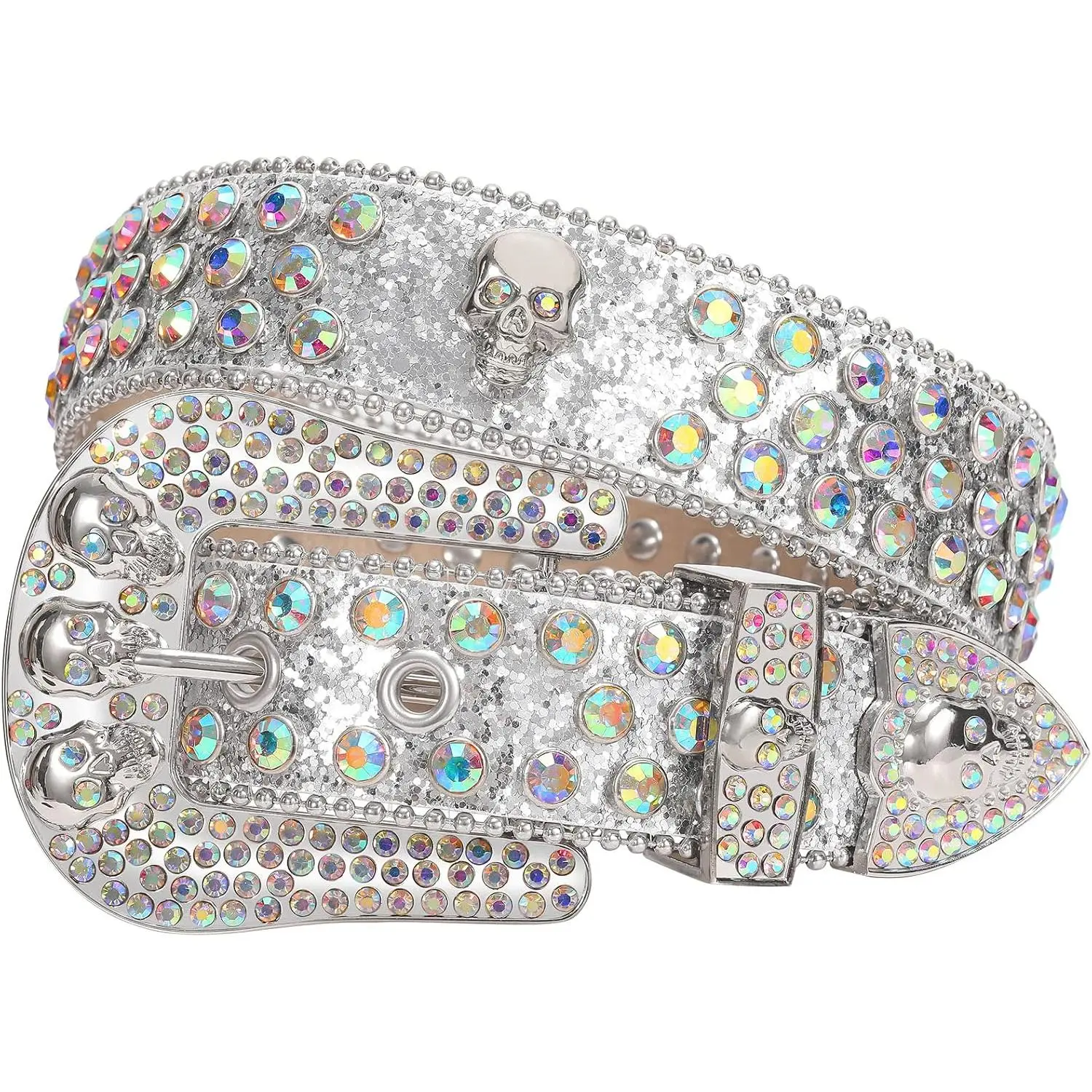Rhinestone Skull Belt Men Women Bling Stylish Belt Punk Fashion Studded Leather Belt for Jeans Pants Jacket