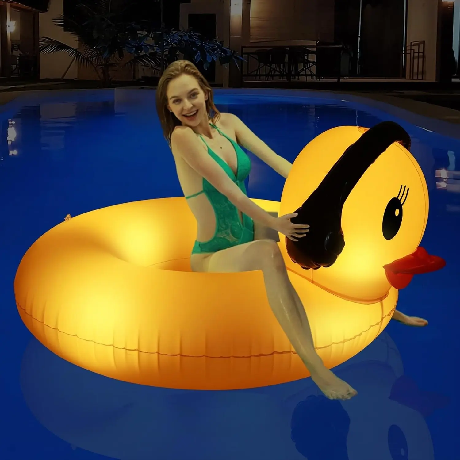 Inflatable Duck Pool Float with Lights, Solar Pool Inflatables Duck Floaties for Adults, 42" Large Animal Swim Tube Ring Pool Float with Fast Valve Summer Beach Pool Lounge 1pkGift