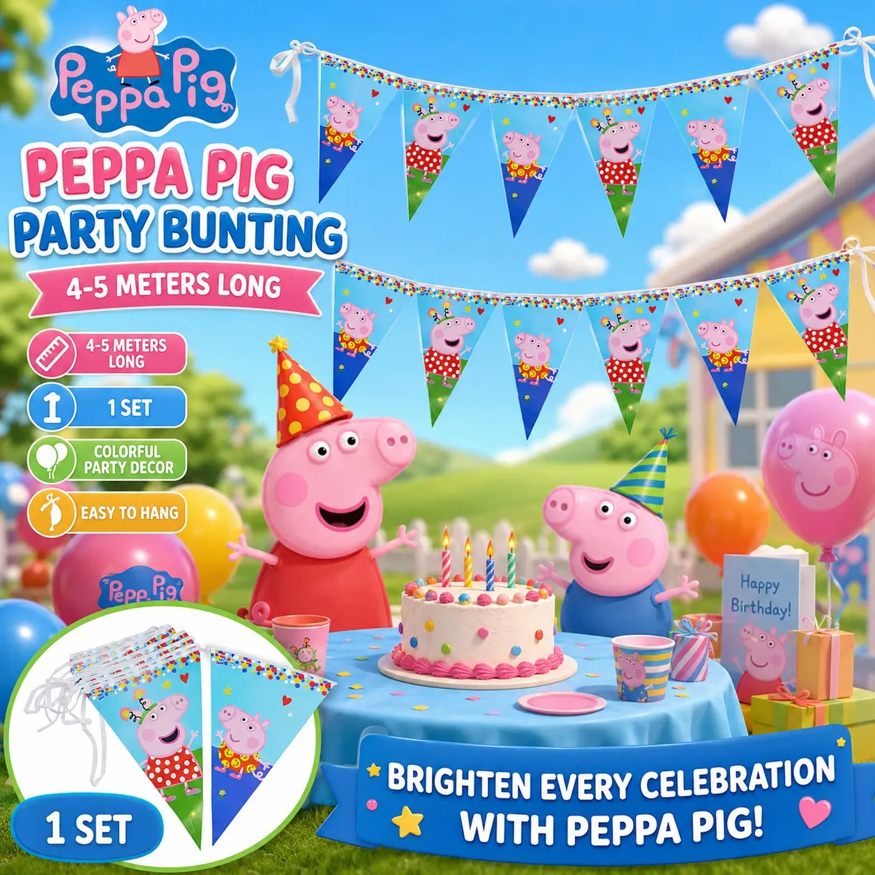 Peppa Pig Officially Licensed Birthday Party Triangle Banner, 4-5 Meters Long, Cartoon Pennant Garland, Wall Hanging Decoration
