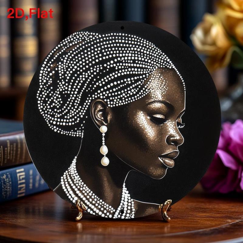 1 Piece, African American Women Wearing Pearl and Beaded Headpiece Aluminum Foil Wall Art - 8x8inch Round Wreath Logo, Suitable for Home, Office, Wedding Decoration - Elegant Holiday Gift for Christmas, Thanksgiving, Valentine's Day, African American Home