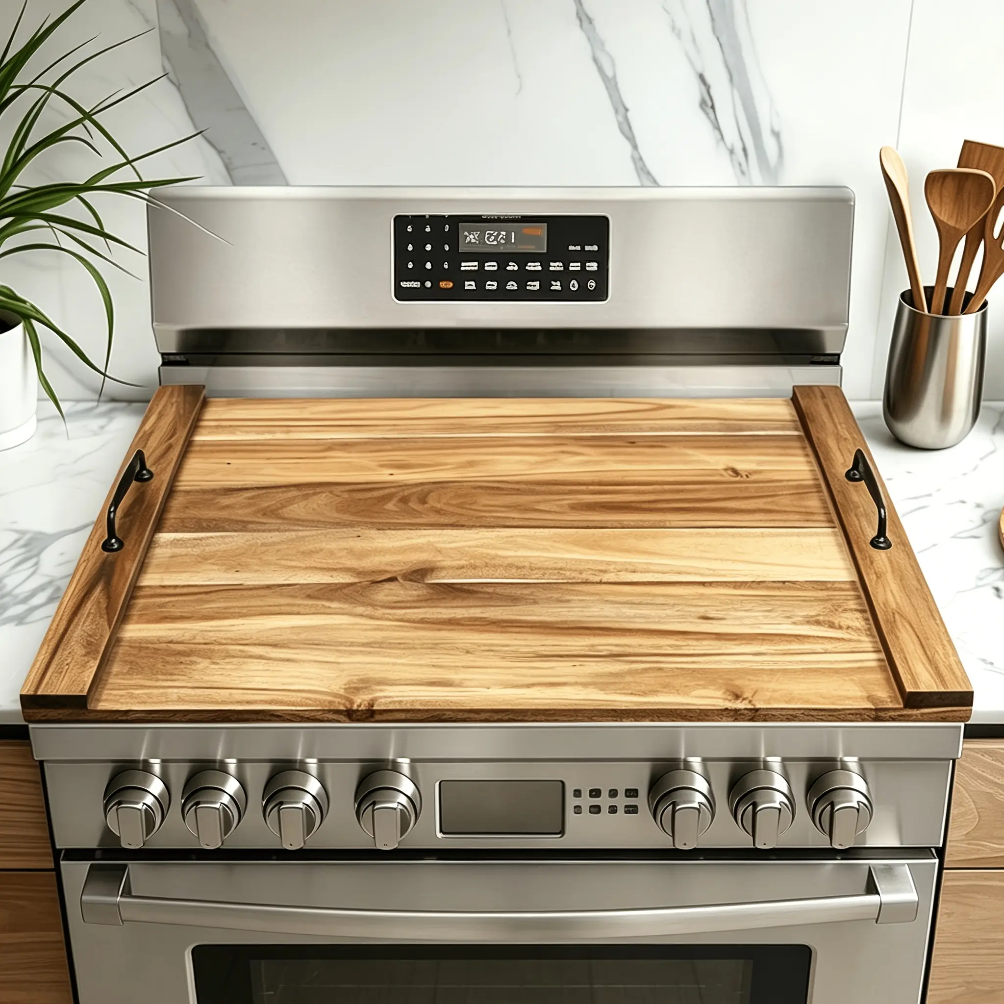 Wood Stove Top Cover, Pine Panel Stove Cover With Handles, Suitable For Gas Stoves With 4 And 5 Burners, Food Tray