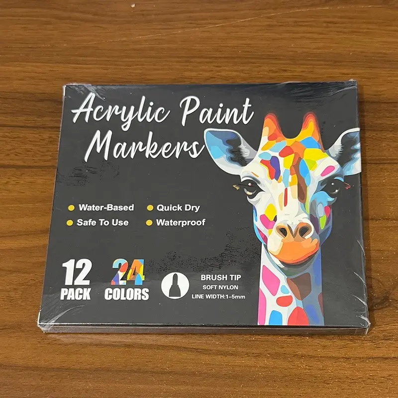 Professional Art Supplies, 24 Colors Acrylic Paint Marker Pens, Dual-Ended Fine Tip & Brush Tip, Ideal for Stone, Wood, Canvas, Ceramics, Metal, Glass, DIY Crafts