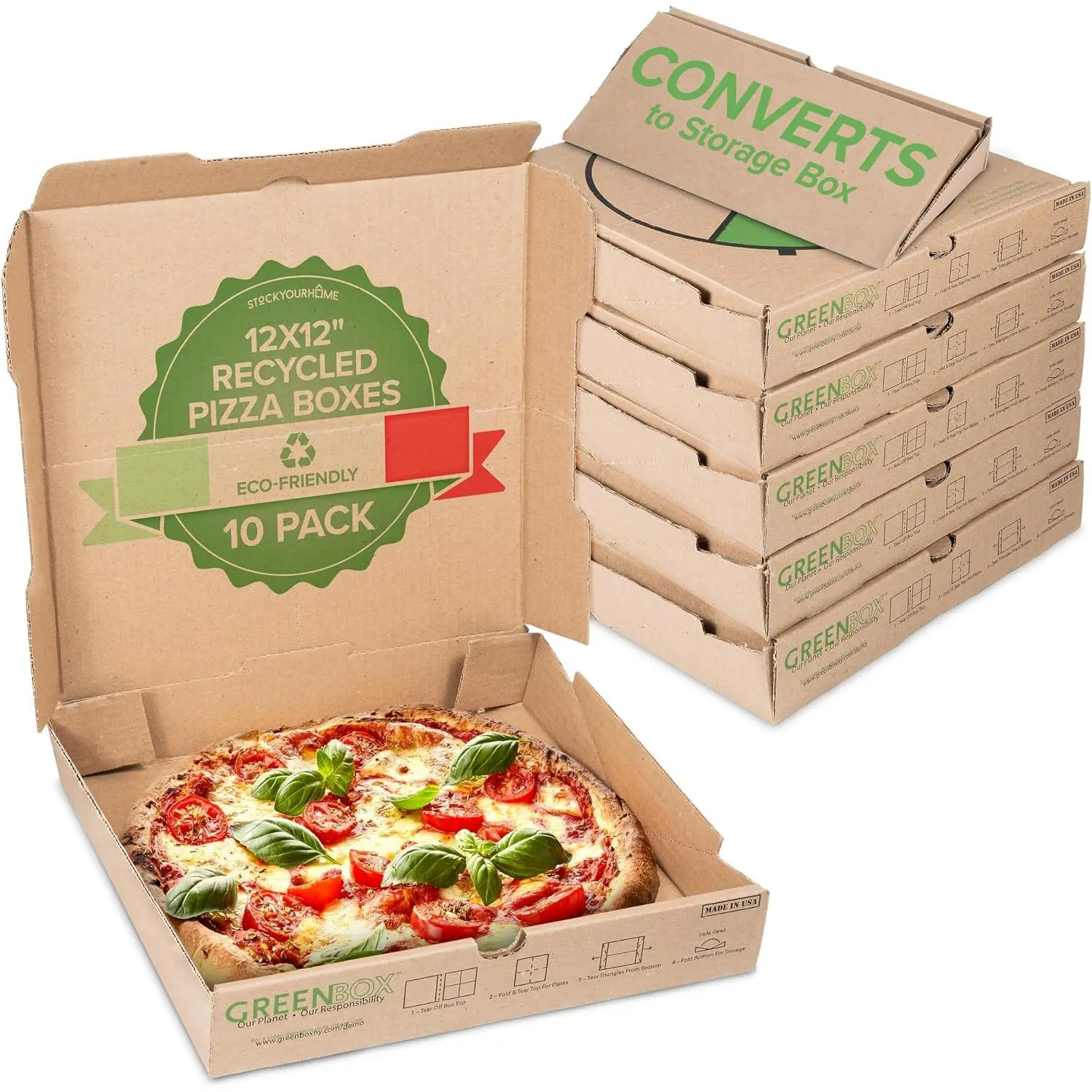 10 Pack Recycled  12x12 Pizza Box with -In Plates and Convertible Storage Container, Heavy Duty Pizza Boxes 12 x 12 for Small Personal Pizzas,  12 Inch Pizza Box